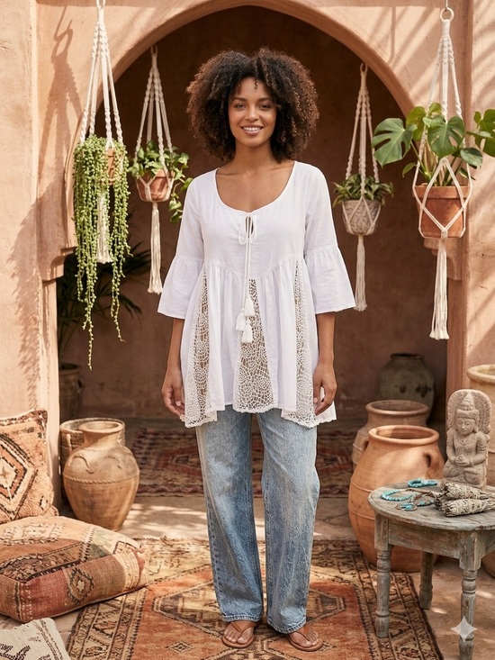 Tops - Boho Lace-Panel White Peasant Top with Tie
